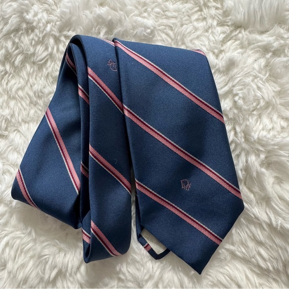 Christian Dior Navy and Light Pink Striped Tie - Picture 1 of 10